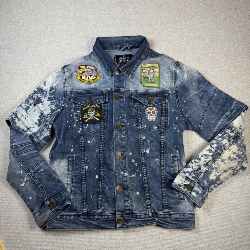 Demolition Black Label Acid Wash Denim Jacket Patches Harley HOG Skull Mens L